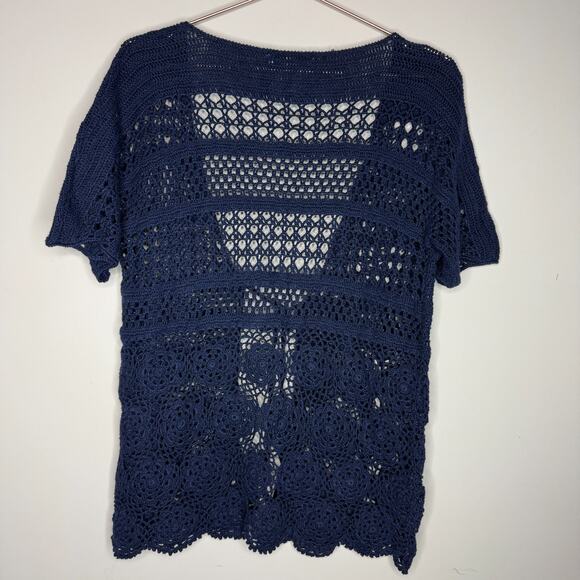 Liz Claiborne Womens Crochet Cardigan Medium Navy Phoebe Y2K Fairy Artsy Cottage - Picture 4 of 4